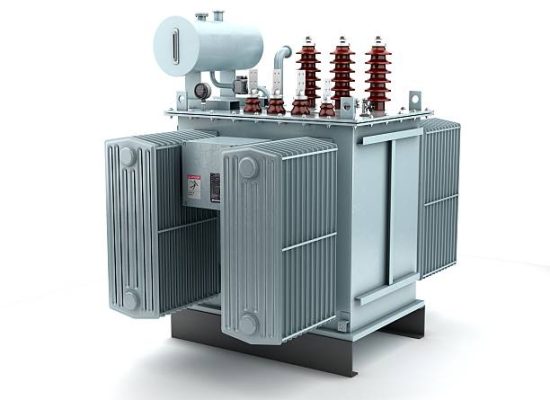 3D illustration of high voltage transformer on white background.